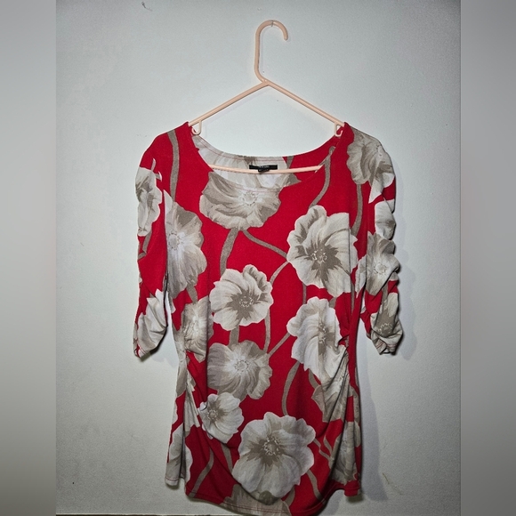 Alfani Womens Top Medium Red Floral Blouse Rushed 3/4 Length Sleeves - Picture 1 of 6